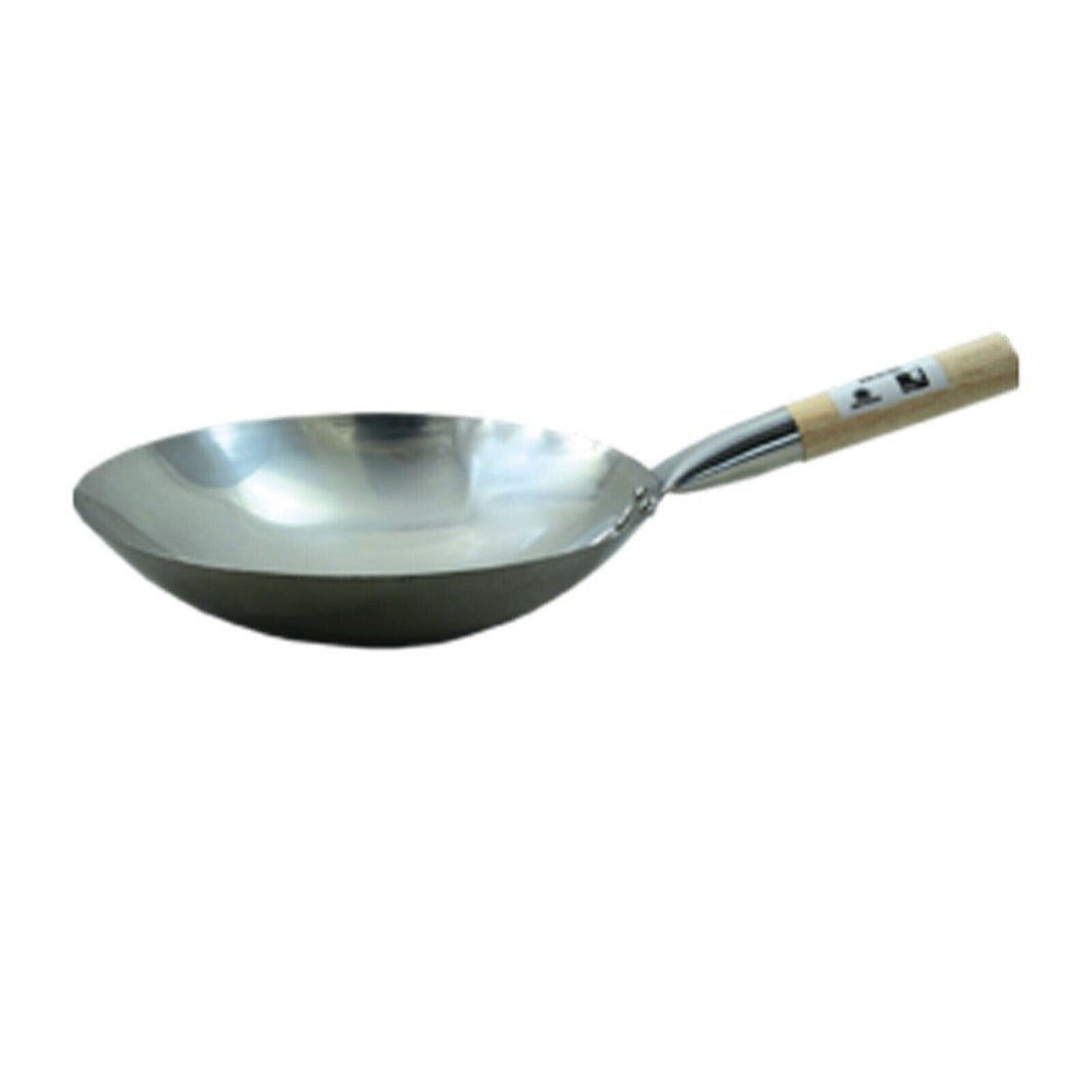 Wok Pfanne Ø 30cm runder Boden mit Holzgriff Edelstahl 8 cm hoch Modell 17102