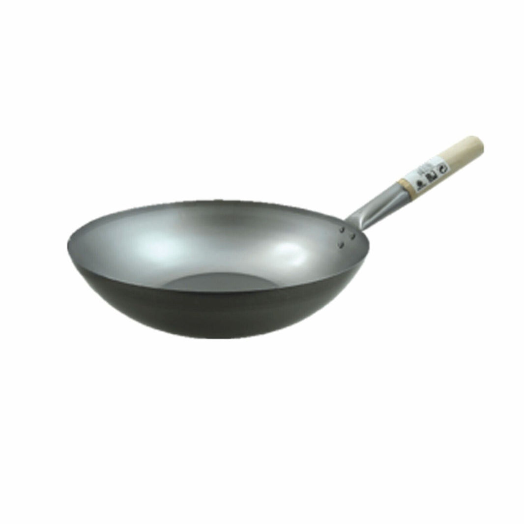 Wok Pfanne Ø 35cm flacher Boden mit Holzgriff Eisenpfanne 9 cm hoch Modell 17054