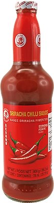 700ml / 800g scharfe Sriracha Chilisauce mit Knoblauch Cock Brand Glasflasche